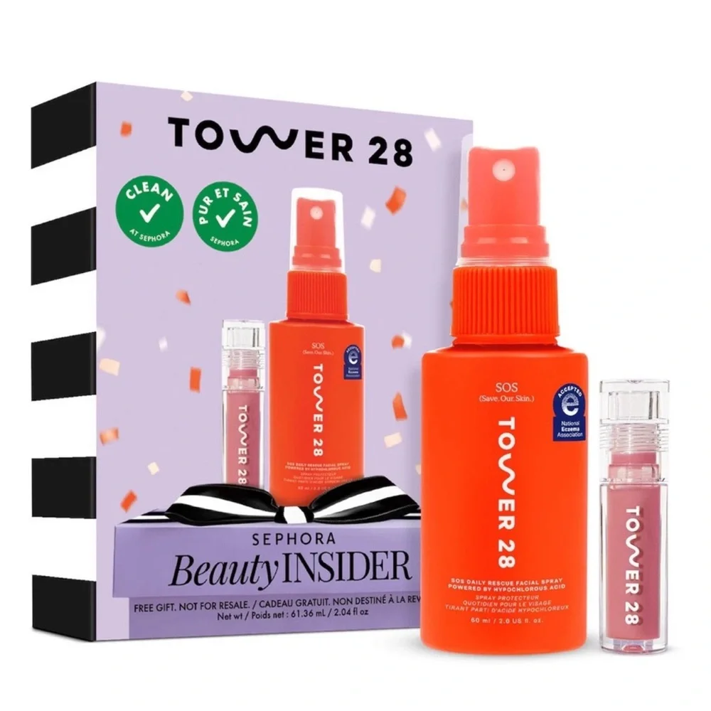 Tower 28 Facial Spray & Lip Gloss Set - Vibrant Orange Bottle with Pink Gloss
